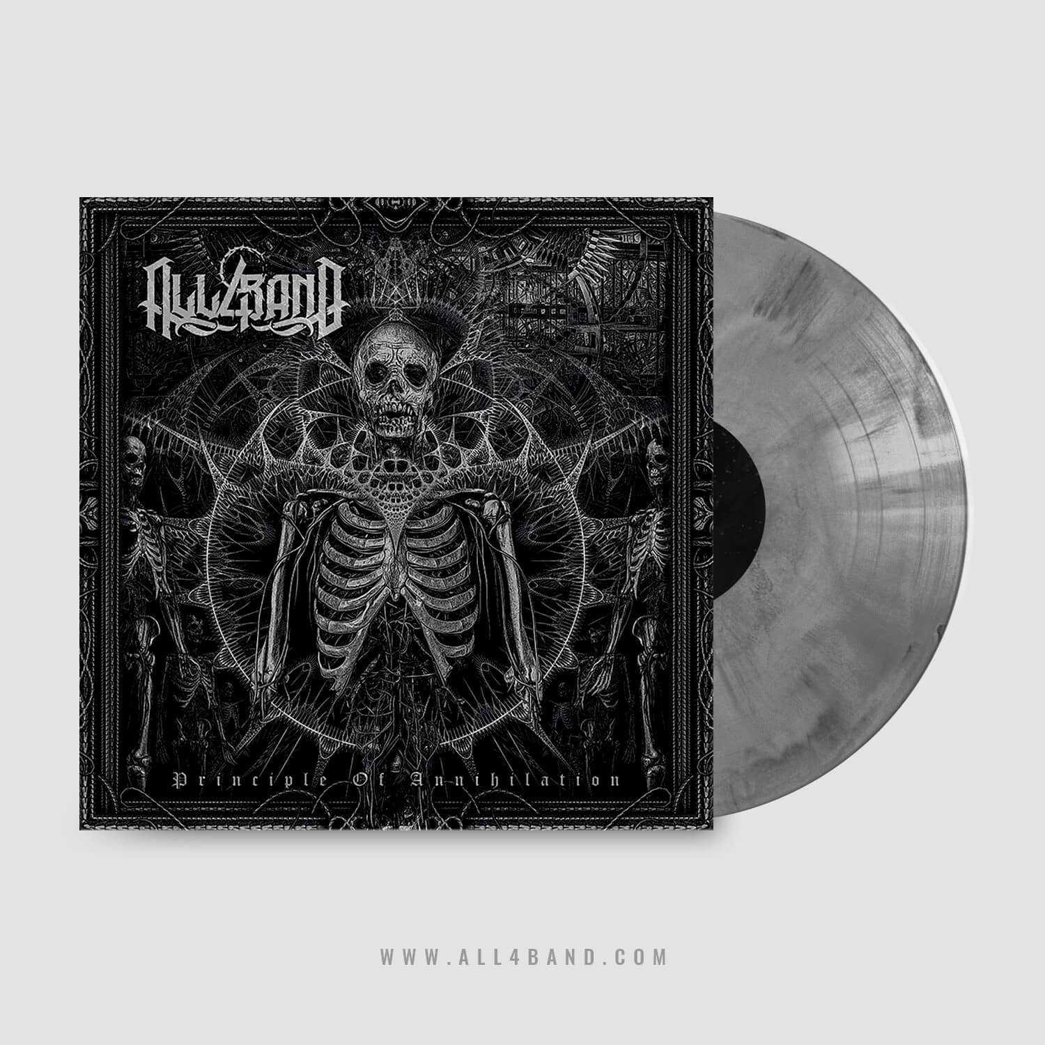Black-and-white metal album art featuring a human skeleton surrounded by symmetrical skeletal forms, occult geometry, spiderweb-like patterns, and ornate gothic framing.