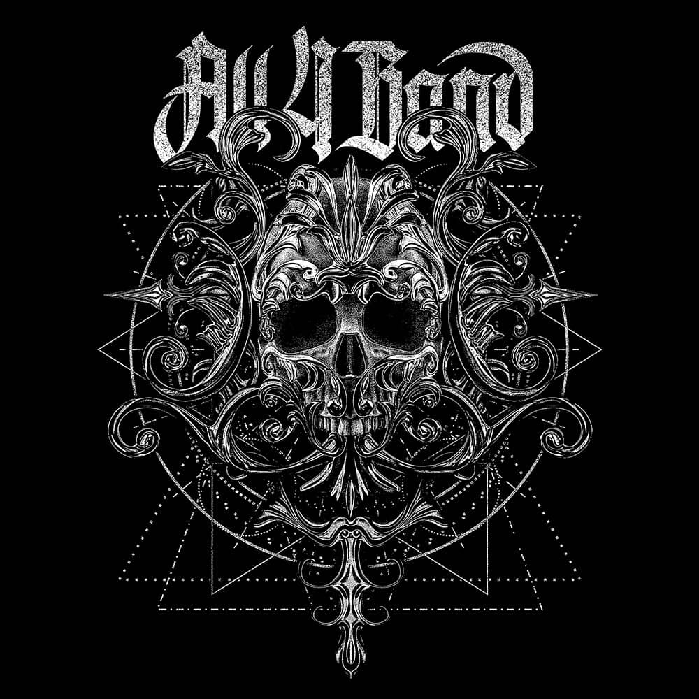 Black and white metal band artwork featuring an ornate skull, baroque flourishes, and geometric patterns