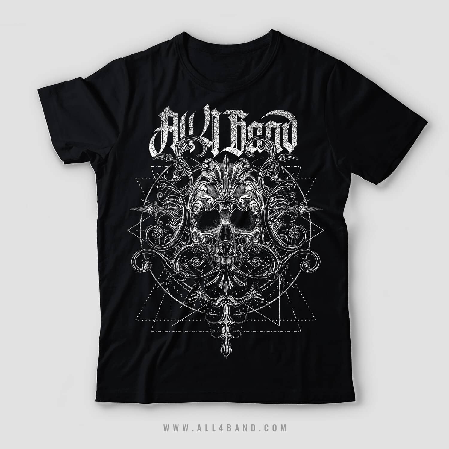 Black and white metal band shirt design featuring an ornate skull, baroque flourishes, and geometric patterns