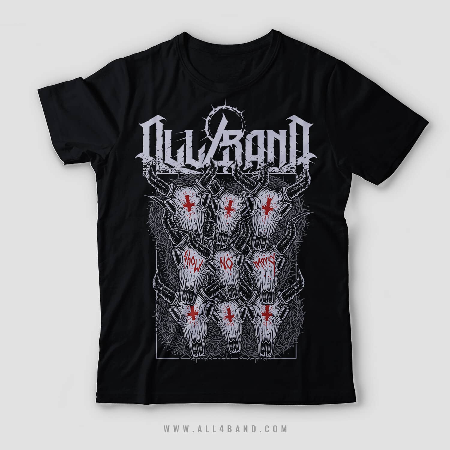 Deathcore band shirt design featuring bull skulls with inverted crosses