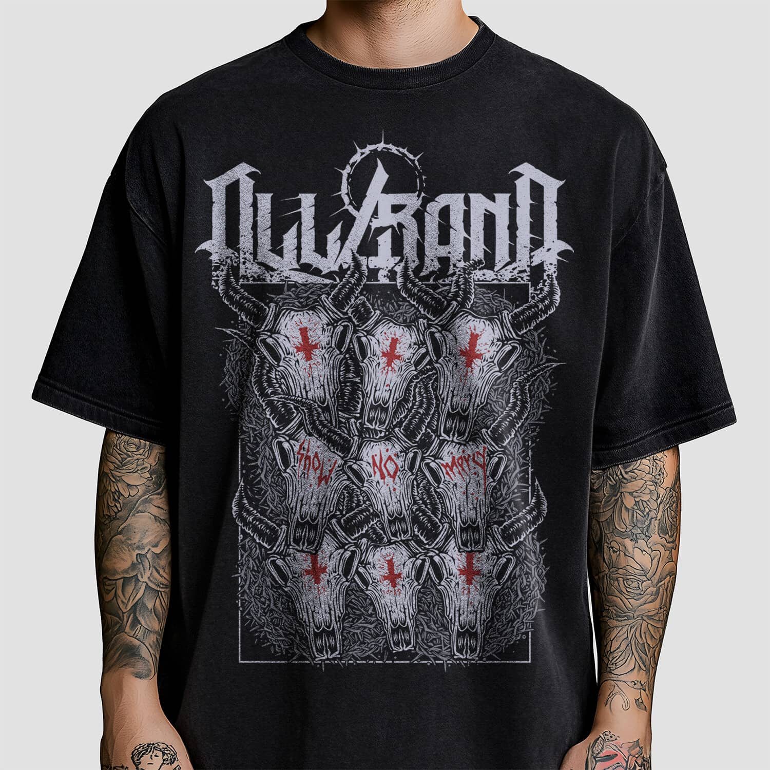 Deathcore band shirt design featuring bull skulls with inverted crosses