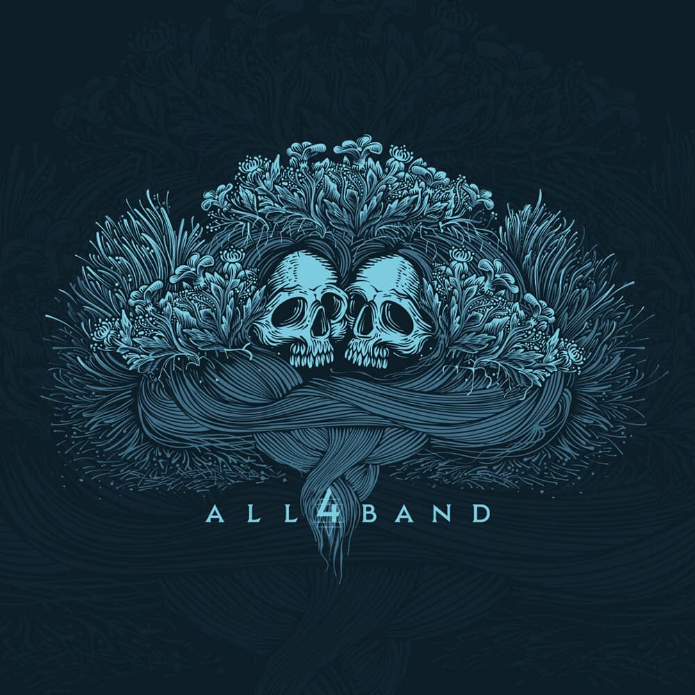 Metal band artwork featuring two skulls overgrown with wildflowers