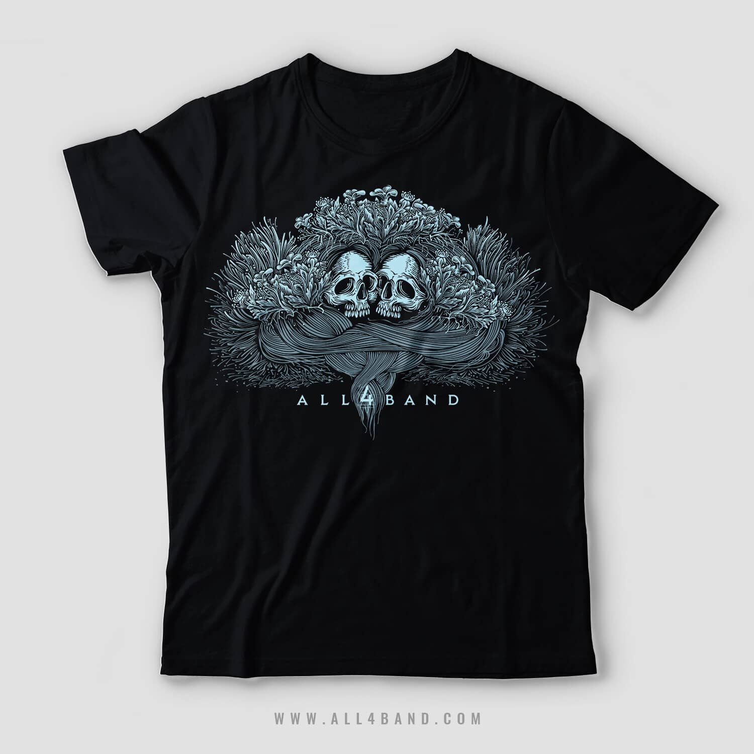 Metal band artwork featuring two skulls overgrown with wildflowers
