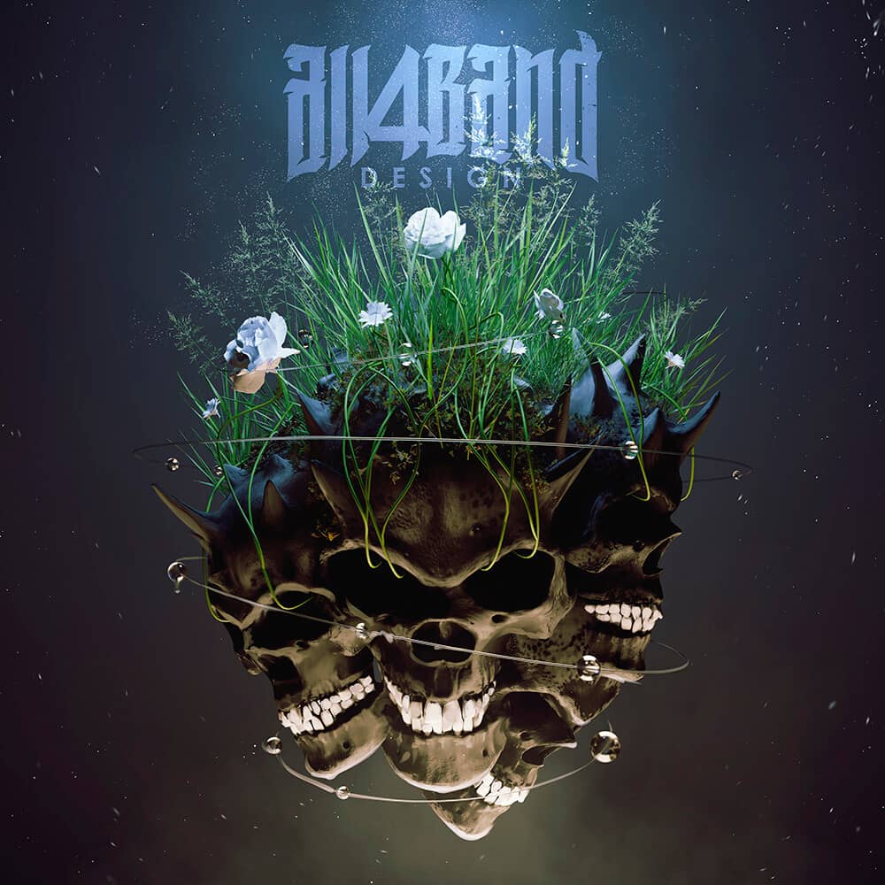 Metal band artwork featuring three 3D-rendered skulls connected by a string entwined with blooming flowers