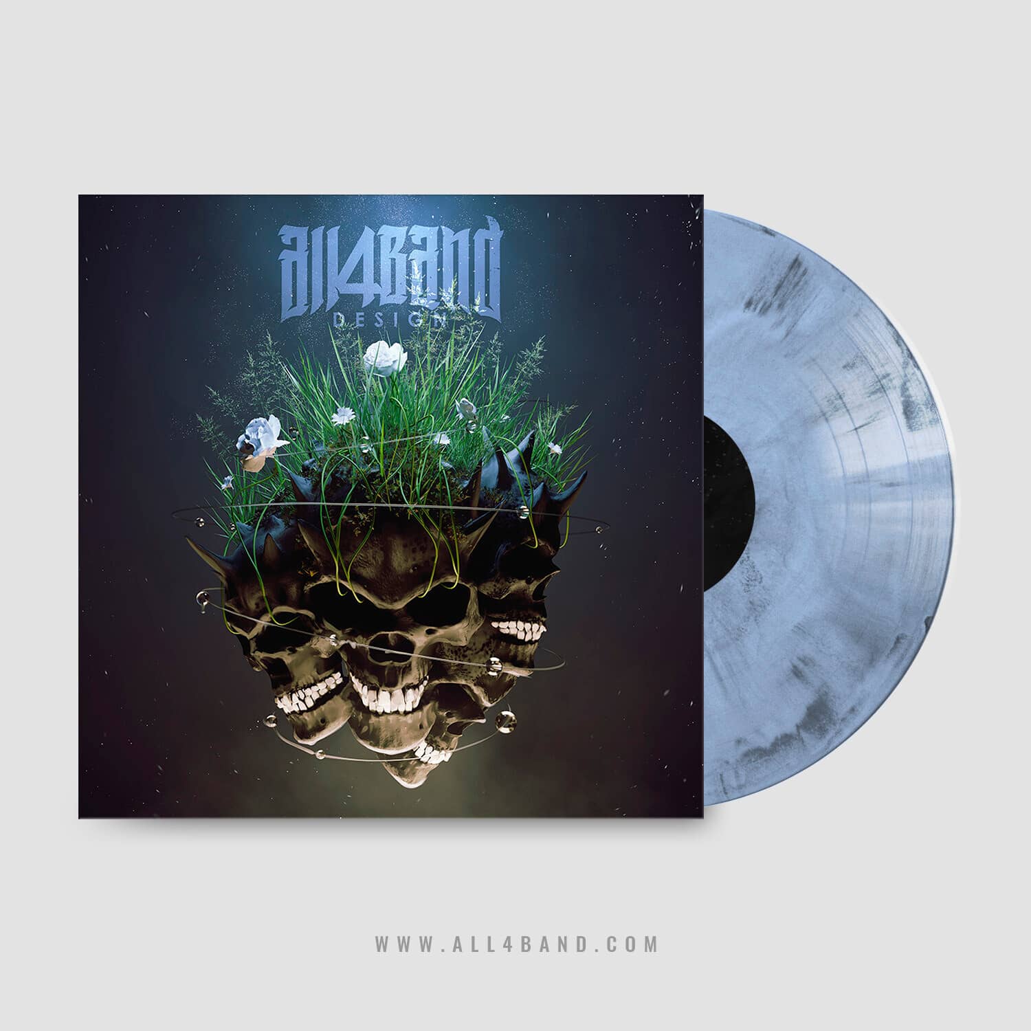 Metal album artwork featuring three 3D-rendered skulls connected by a string entwined with blooming flowers