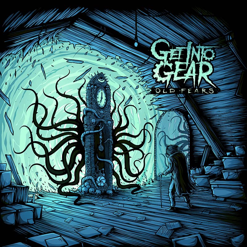 Hand-drawn metal band album artwork for Get Into Gear featuring an ancient tentacled clock in an old attic
