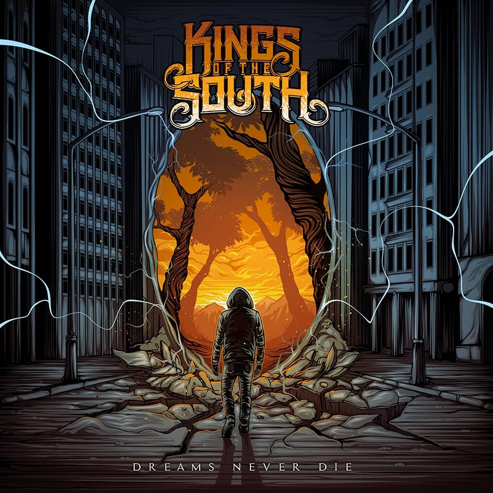 Hand-drawn rock band album artwork for Kings of the South featuring a man entering a portal in the middle of modern city