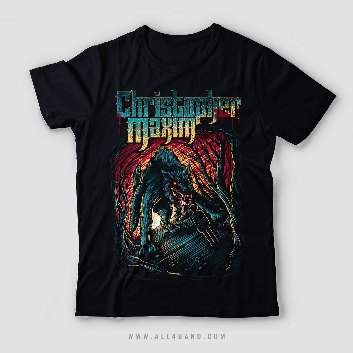 Metalcore band merch design for Christopher Maxim featuring a giant wolf