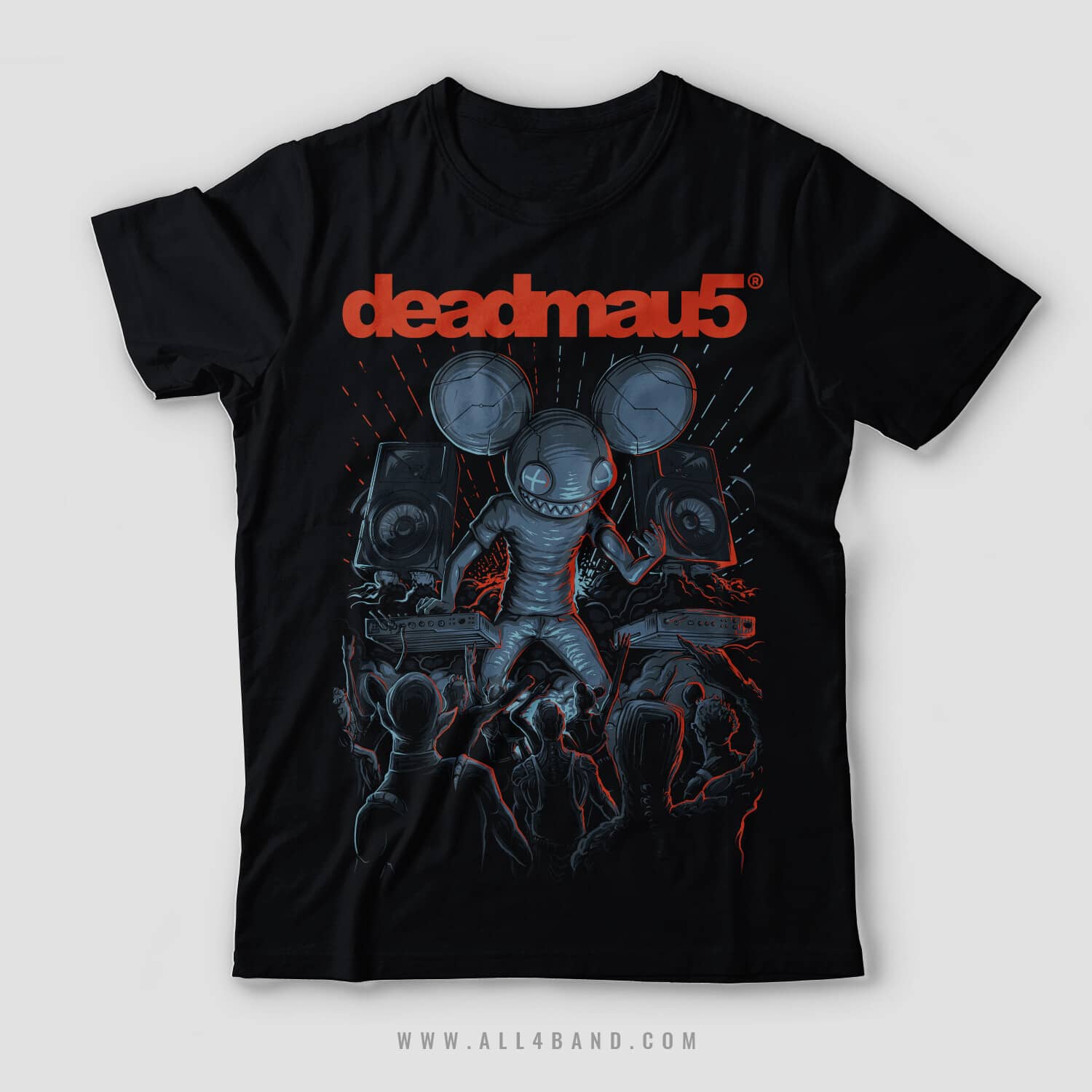 Custom merch design for deadmau5 featuring the mascot playing a gig