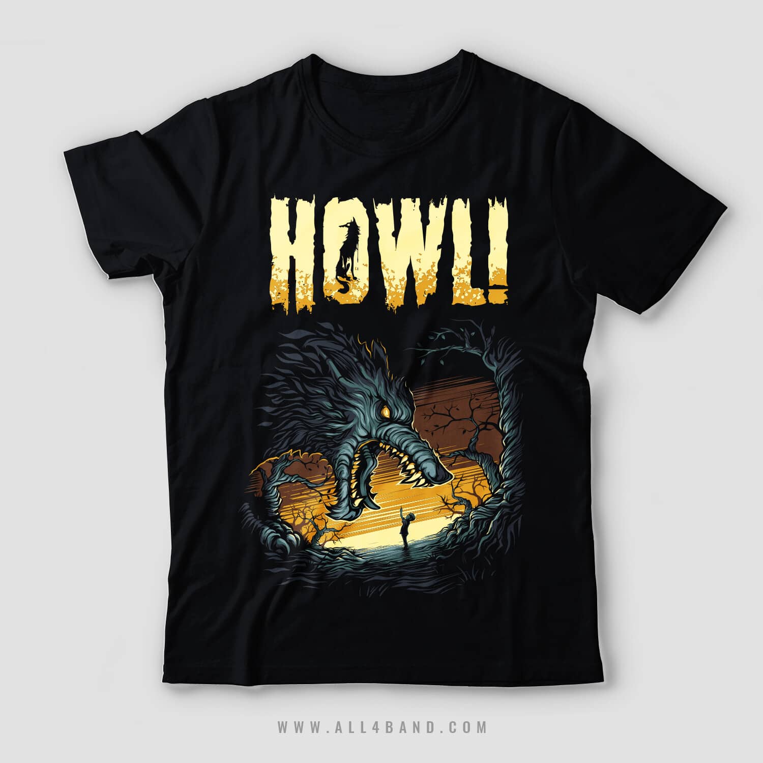 Metalcore merch design for HOWL! featuring a boy facing a giant wolf