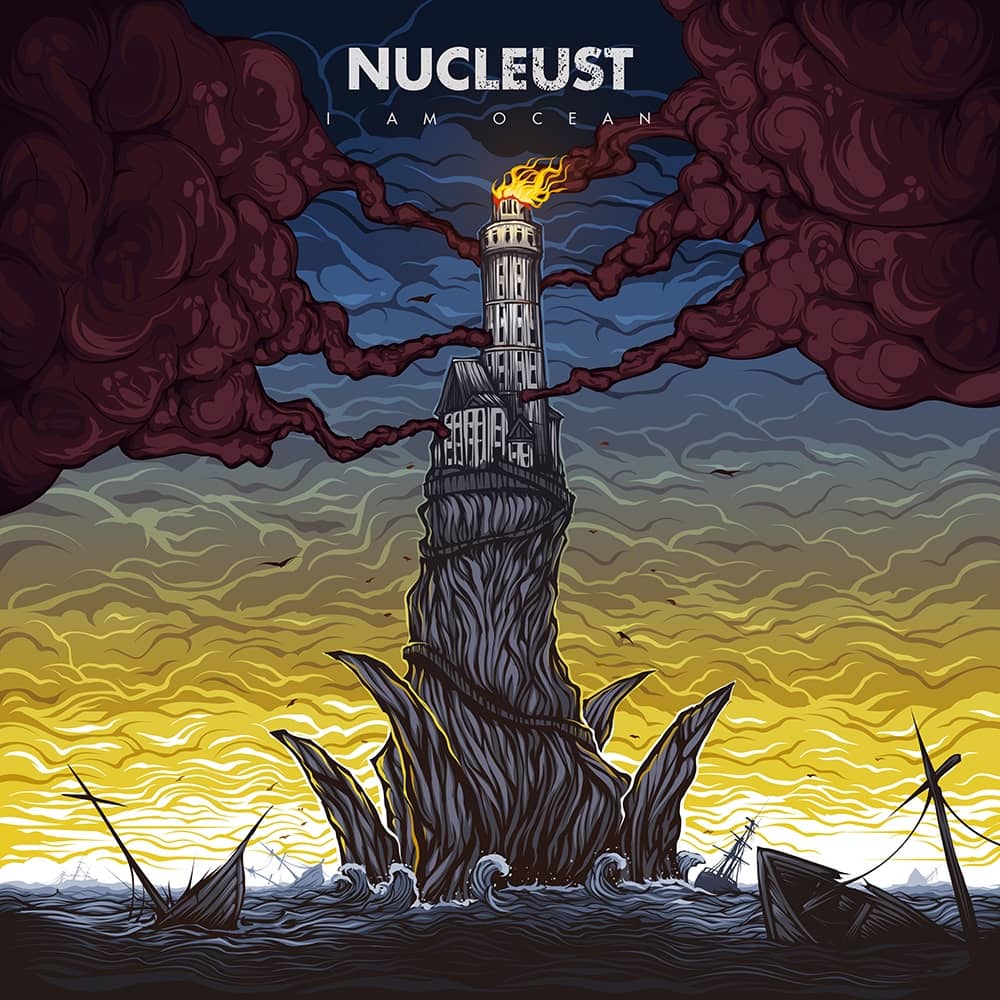 Hand-drawn metalcore band album artwork for Nucleust featuring a lighthouse in the middle of an ocean