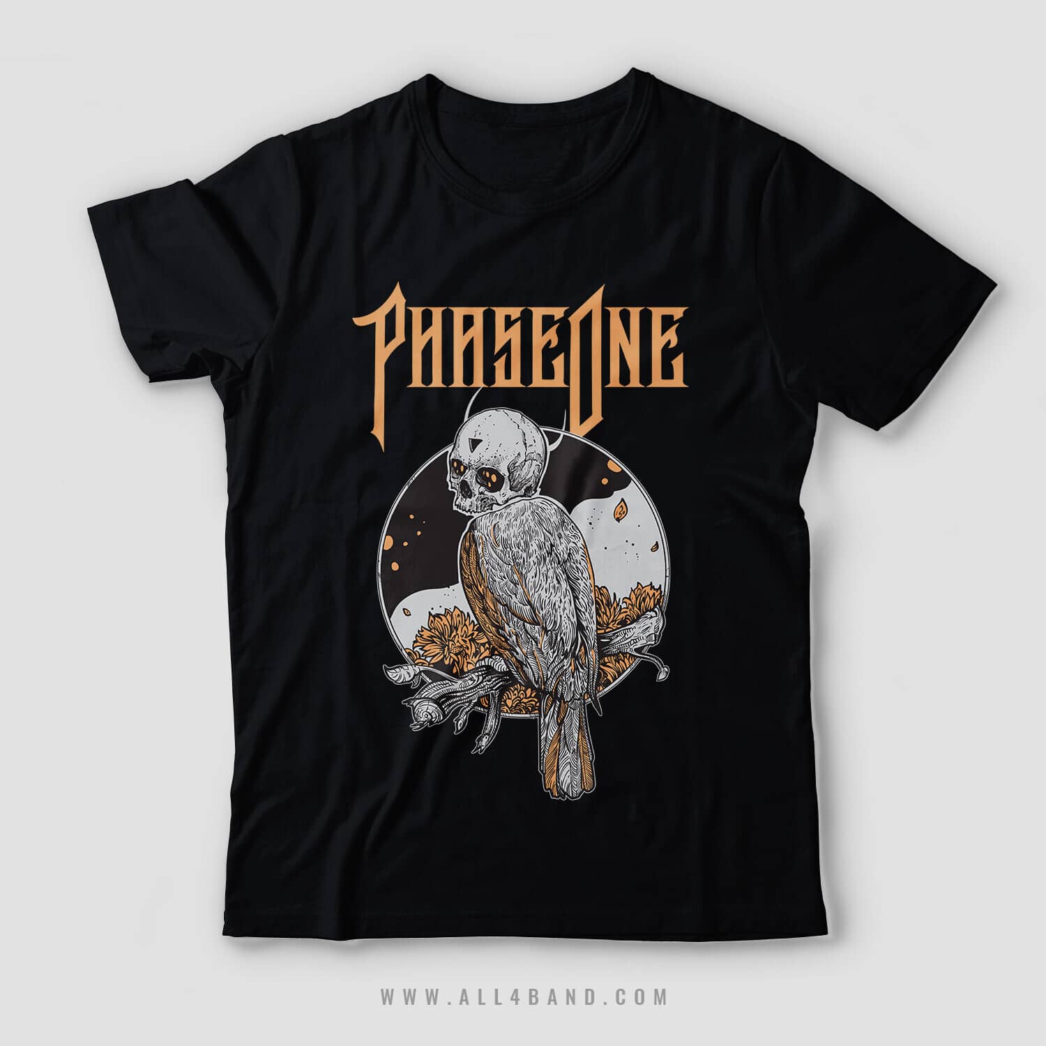 Metalcore band shirt design for PhaseOne featuring a skull-headed bird