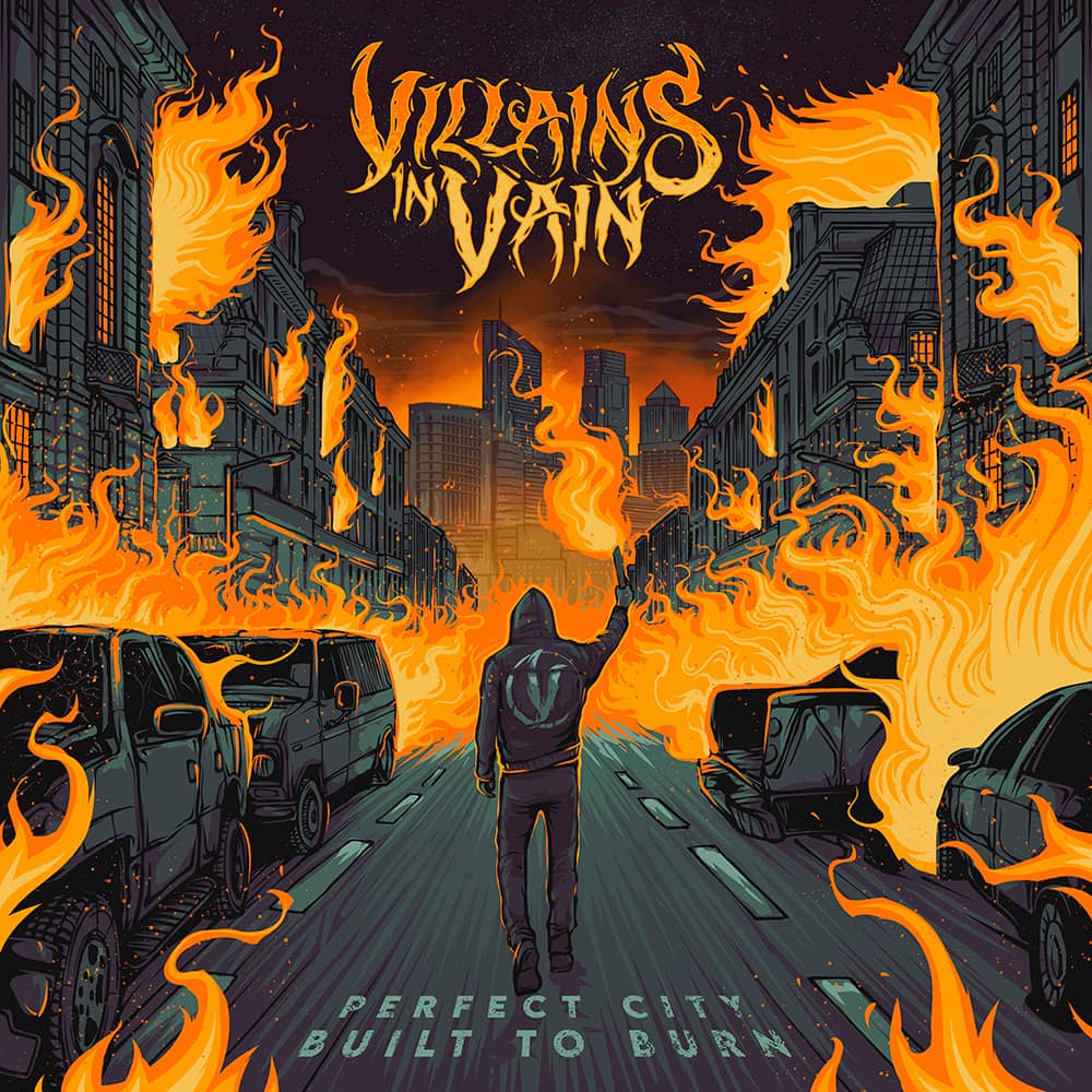 Hand-drawn metalcore band album artwork for Villains in Vain featuring a man with a torch walking through a burning city