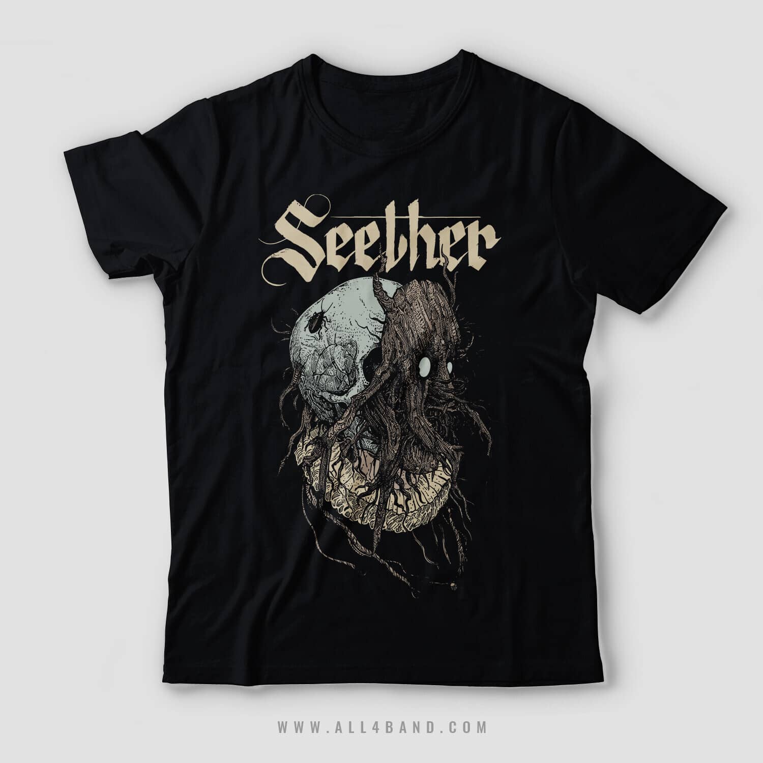 Alt metal band shirt design for Seether featuring a skull with a root mask