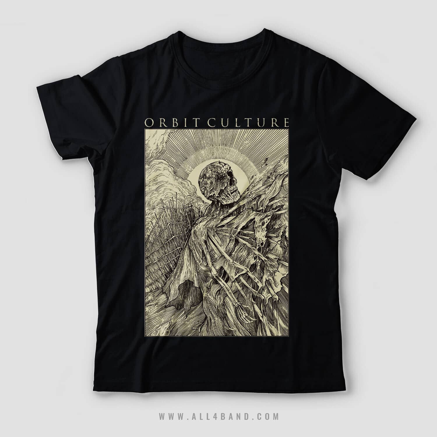 Death metal band shirt design for Orbit Culture featuring a skeleton