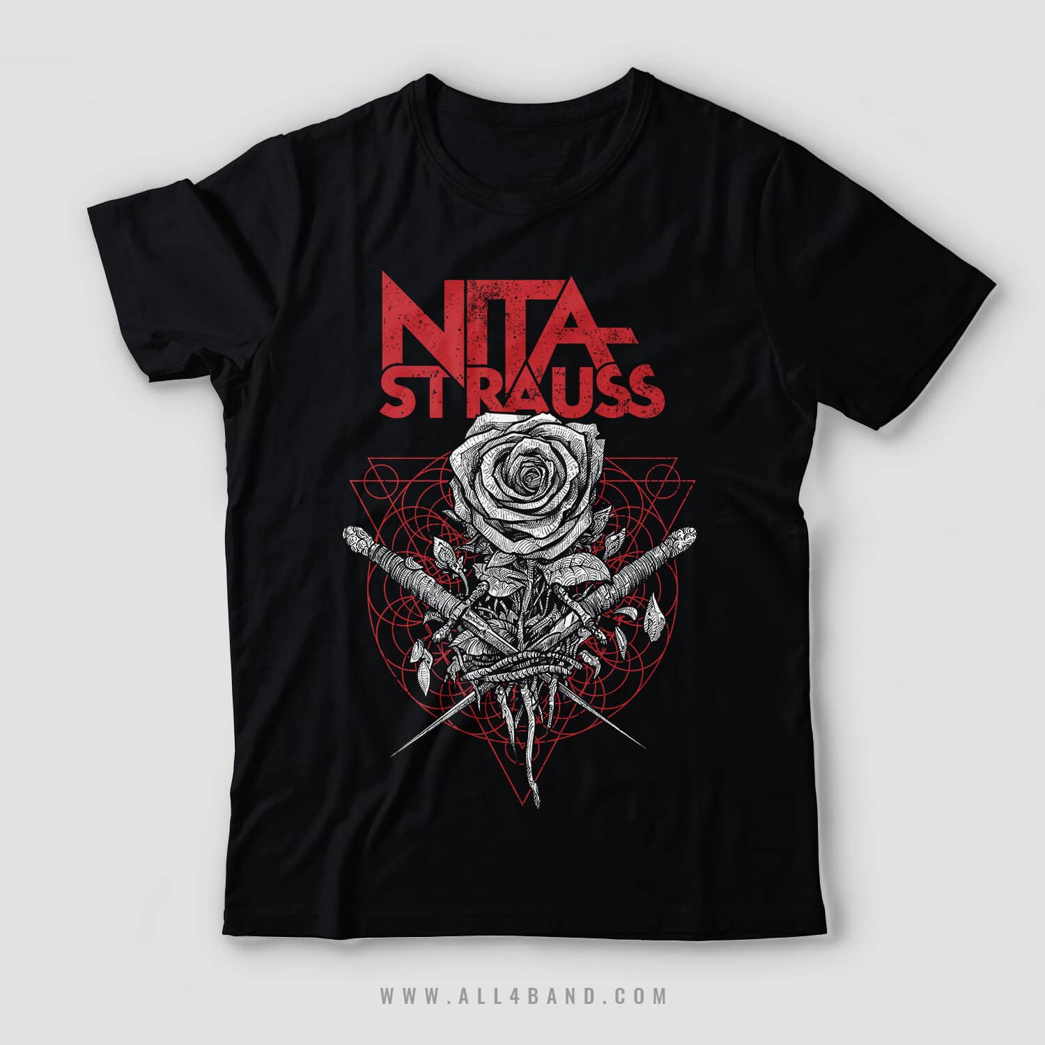 Metal shirt design for solo guitarist Nita Strauss featuring a rose and daggers