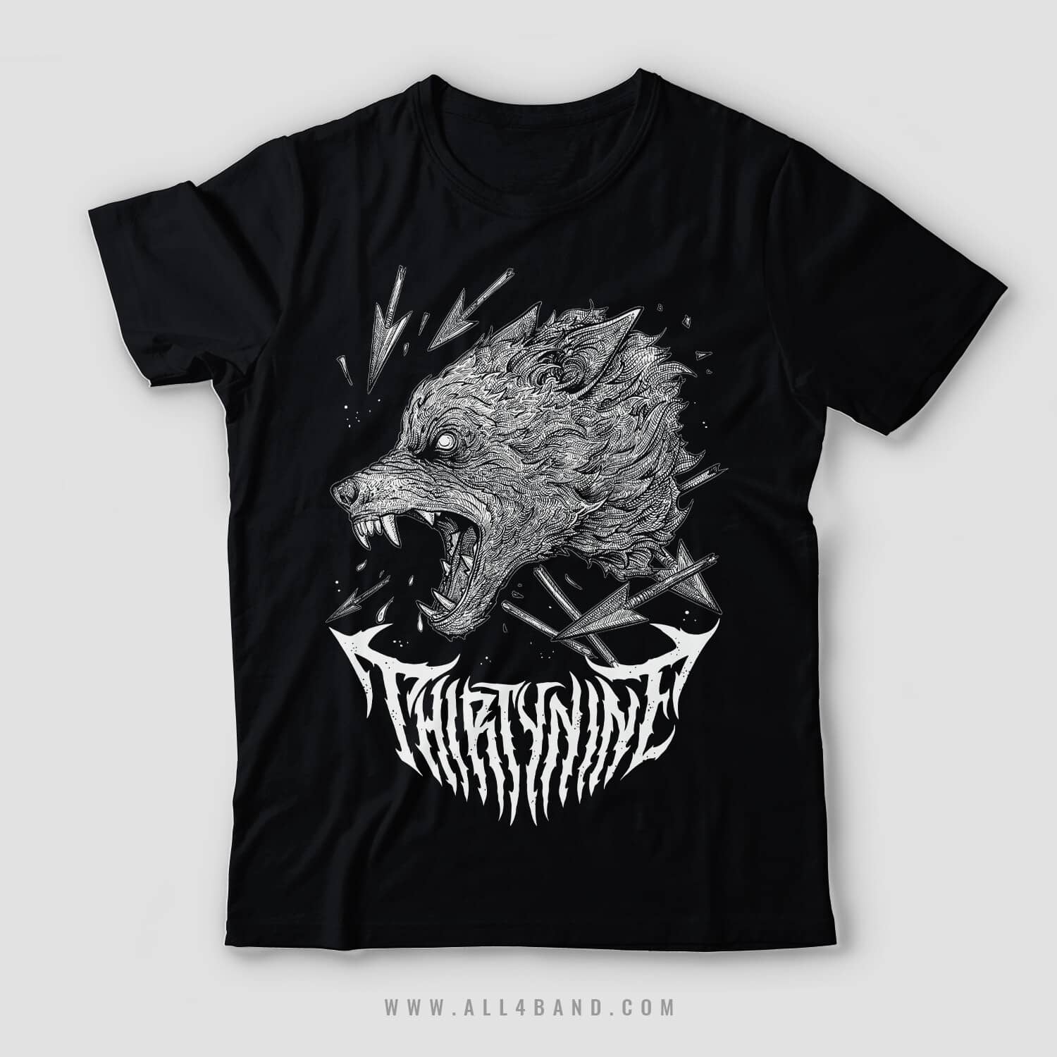 Streetwear shirt design in metal style for Thirty Nine featuring a bared wolf