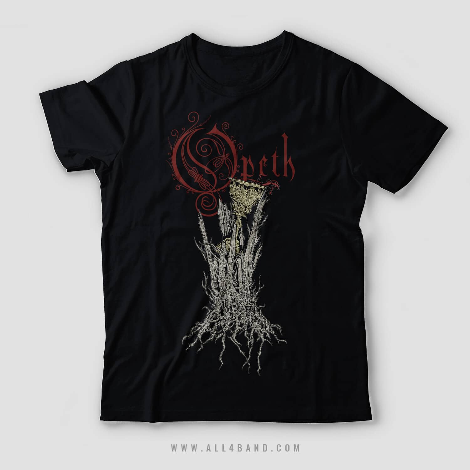 Merch design for Opeth featuring a spilling blood chalice standing on a root throne