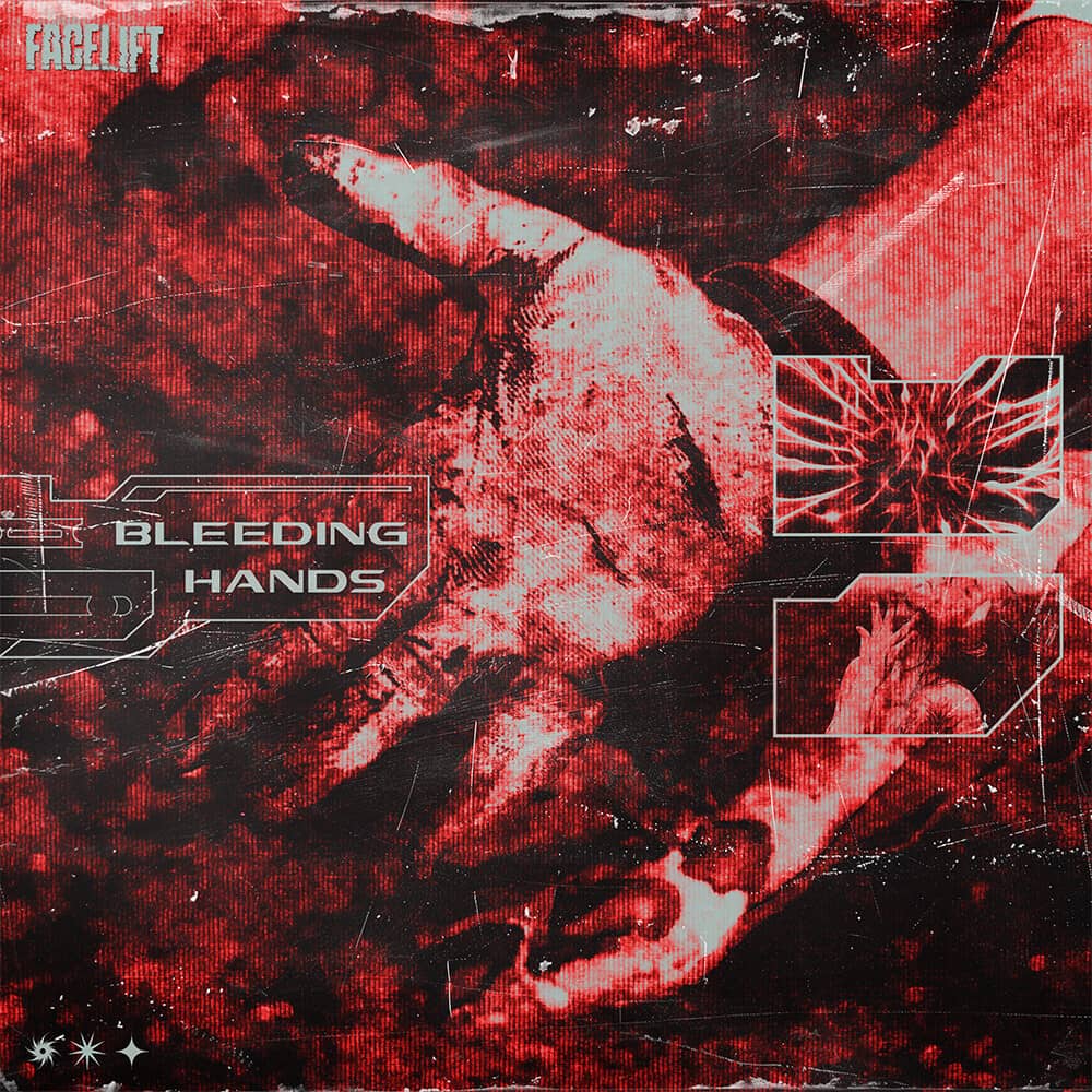 Band cover art featuring red-and-black distressed collage of a person with bloodied hands