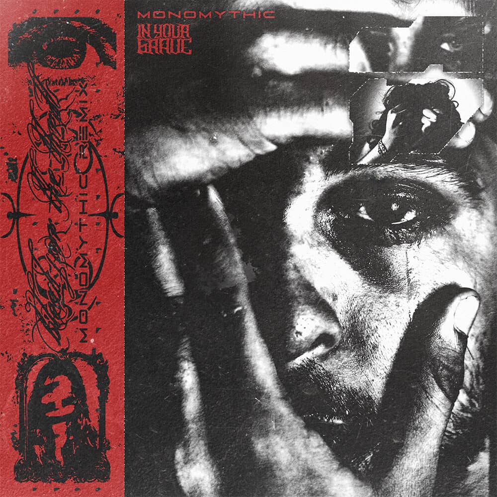 Band cover art featuring high-contrast black-and-white close-up of a distressed face
