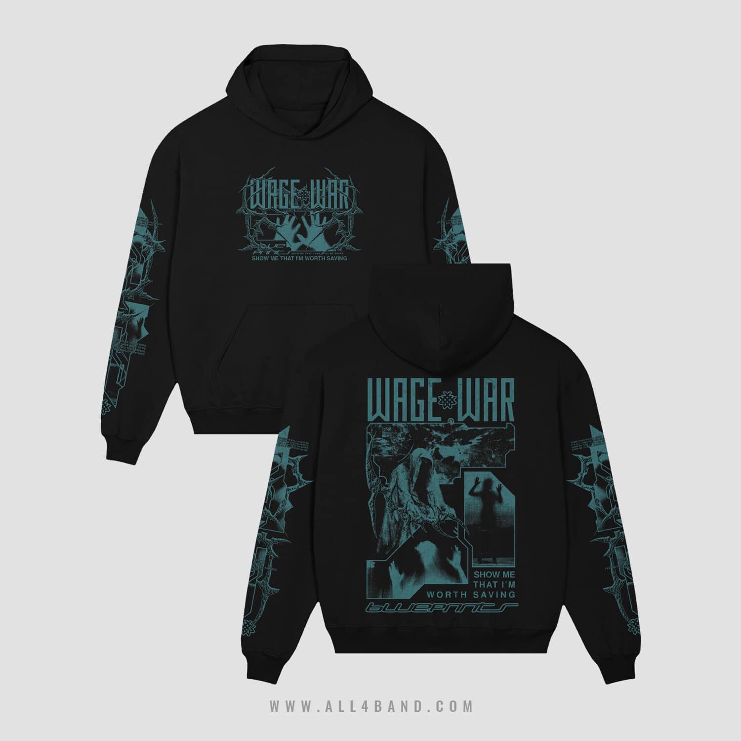 Band hoodie design for Wage War featuring teal distressed imagery, shadowy figures, and bold typography