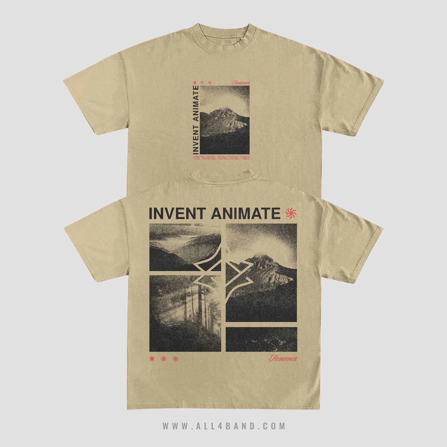 Band shirt design for Invent Animate featuring monochrome mountain landscapes, geometric framing, and subtle red accents