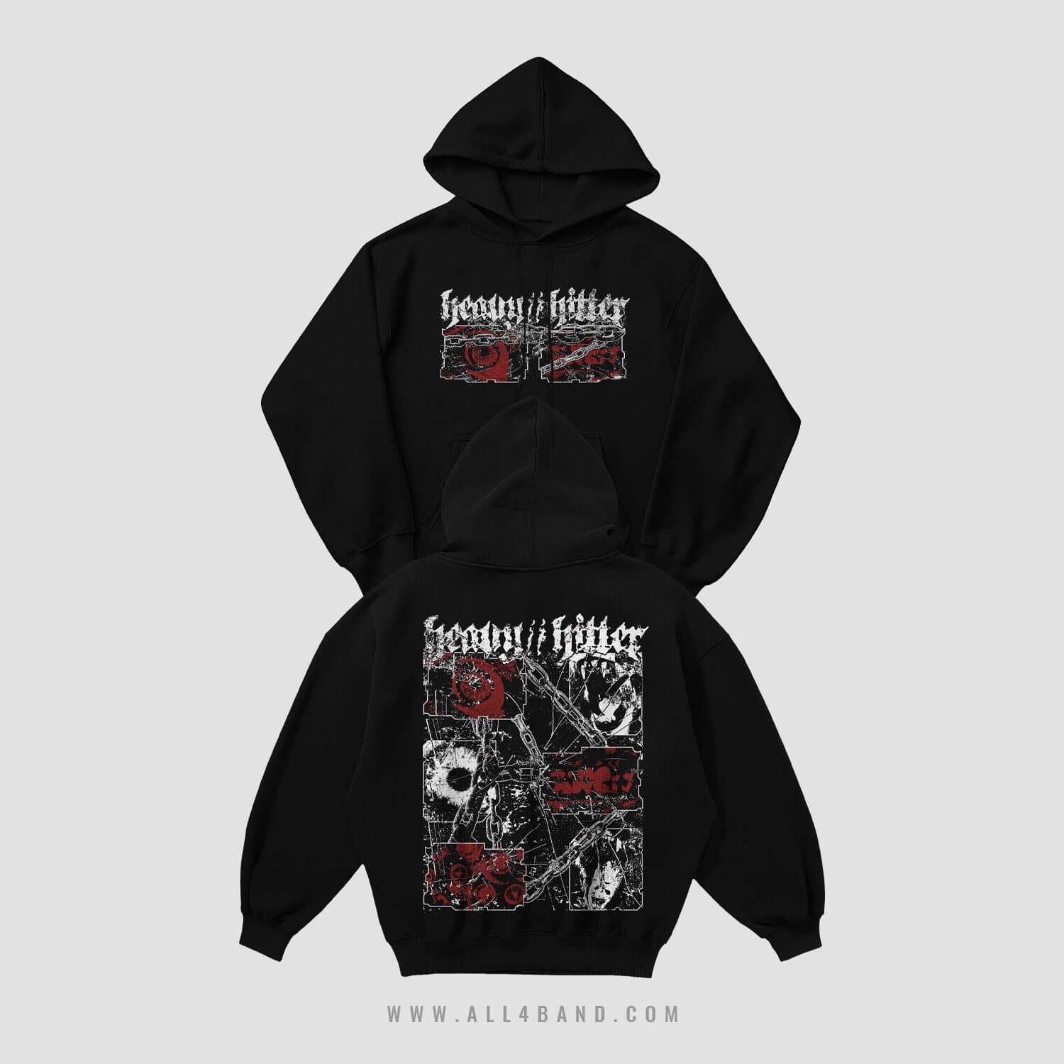Band hoodie design for Heavy // Hitter featuring gritty black, white, and red collage with chains and distressed gothic typography