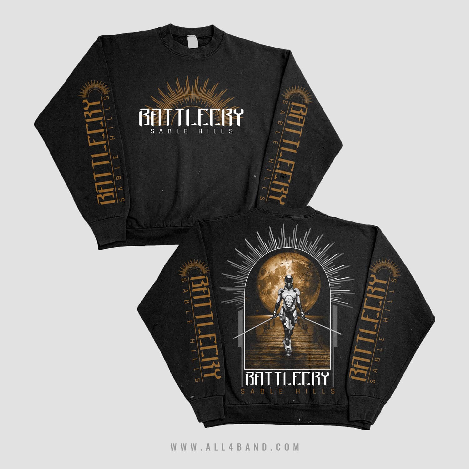 Band longsleeve design featuring a futuristic armored figure, radiant moon, and gold sleeve prints