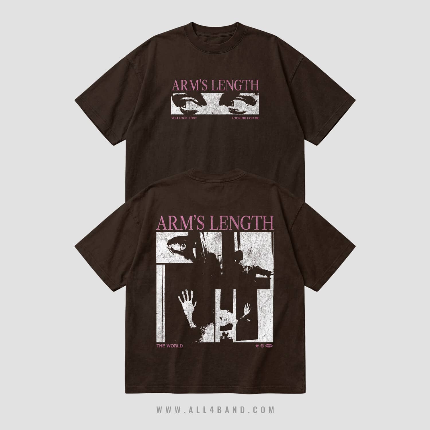 Band shirt design featuring distressed black-and-white imagery with raised hands and pink Arm’s Length typography