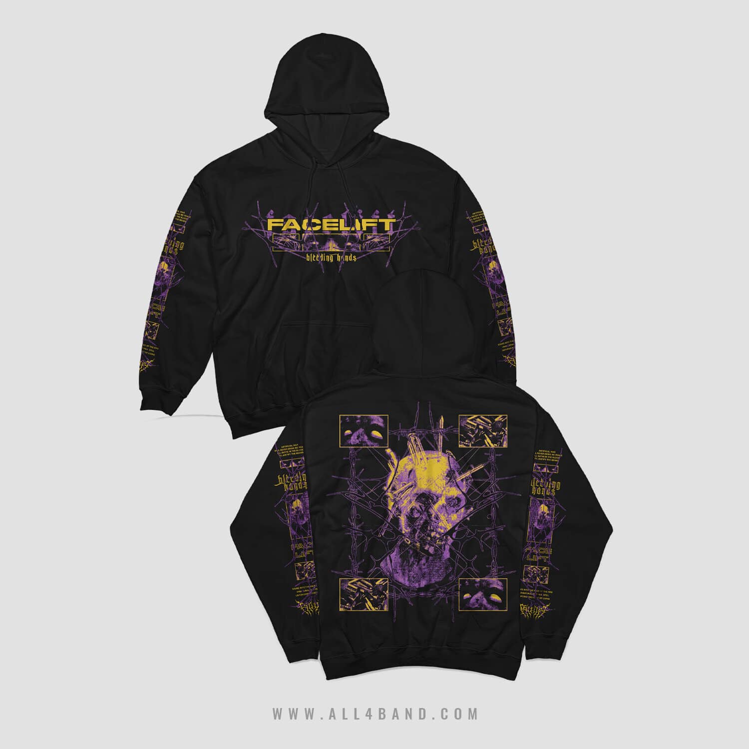 Band hoodie design featuring a collage with purple barbed-wire graphic, a zombie head, and yellow typography