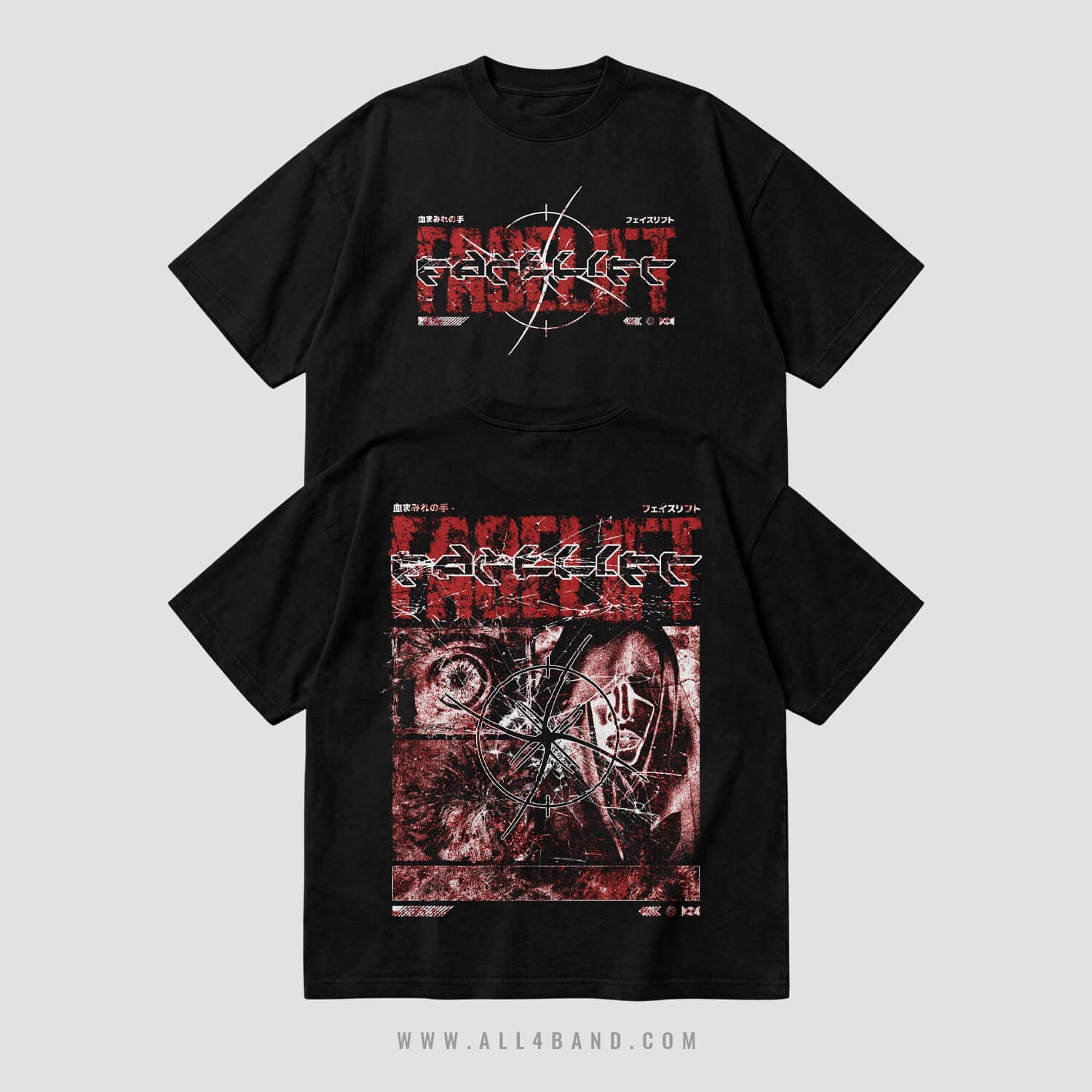 Band shirt design featuring a red-and-white distressed collage, abstract body part graphics, and sharp Facelift lettering