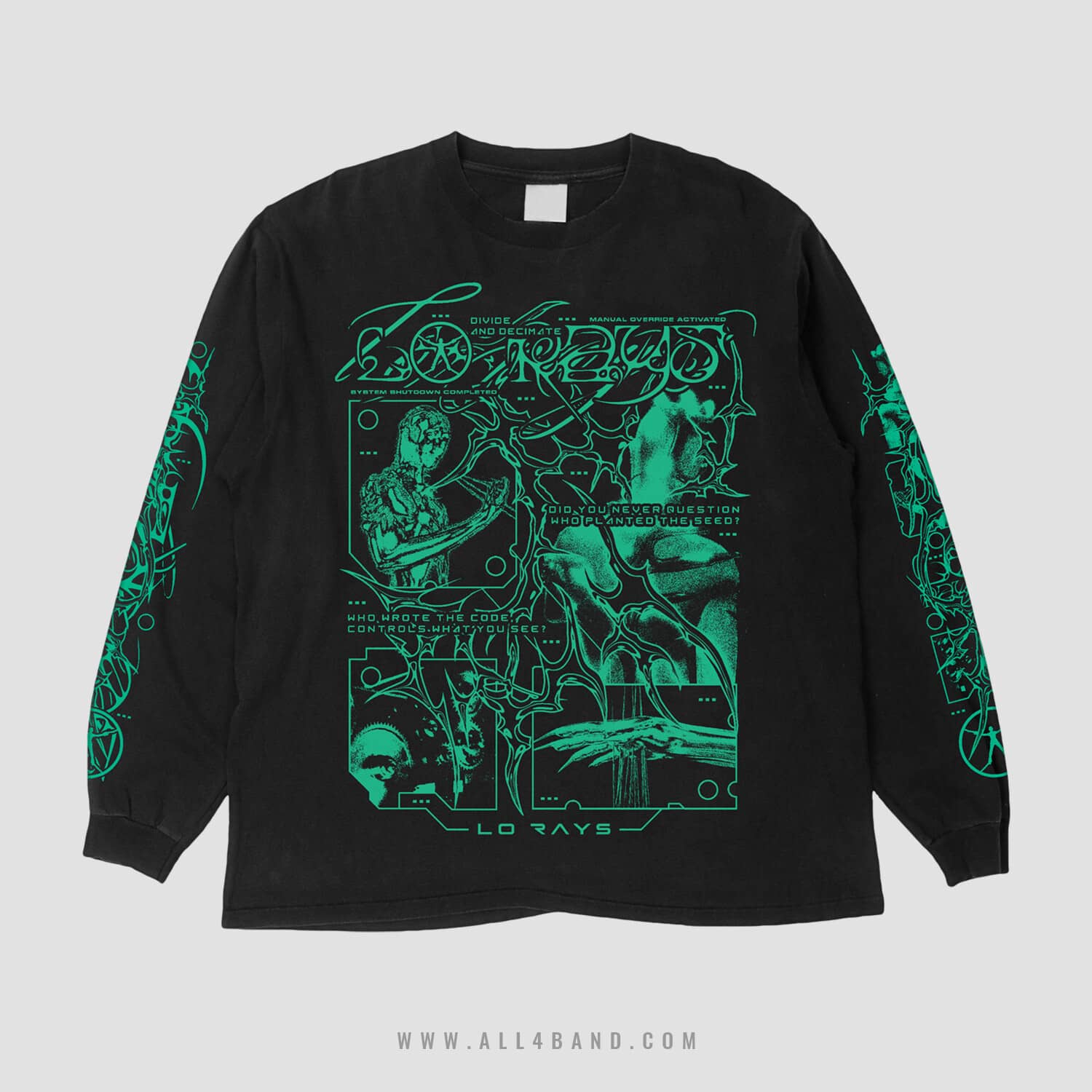 Band longsleeve design featuring neon green biomechanical illustrations, figures, and futuristic interface graphics